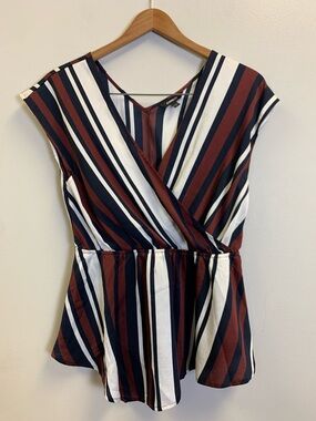 Express Striped Wrap Peplum Top in Navy, Burgundy & White